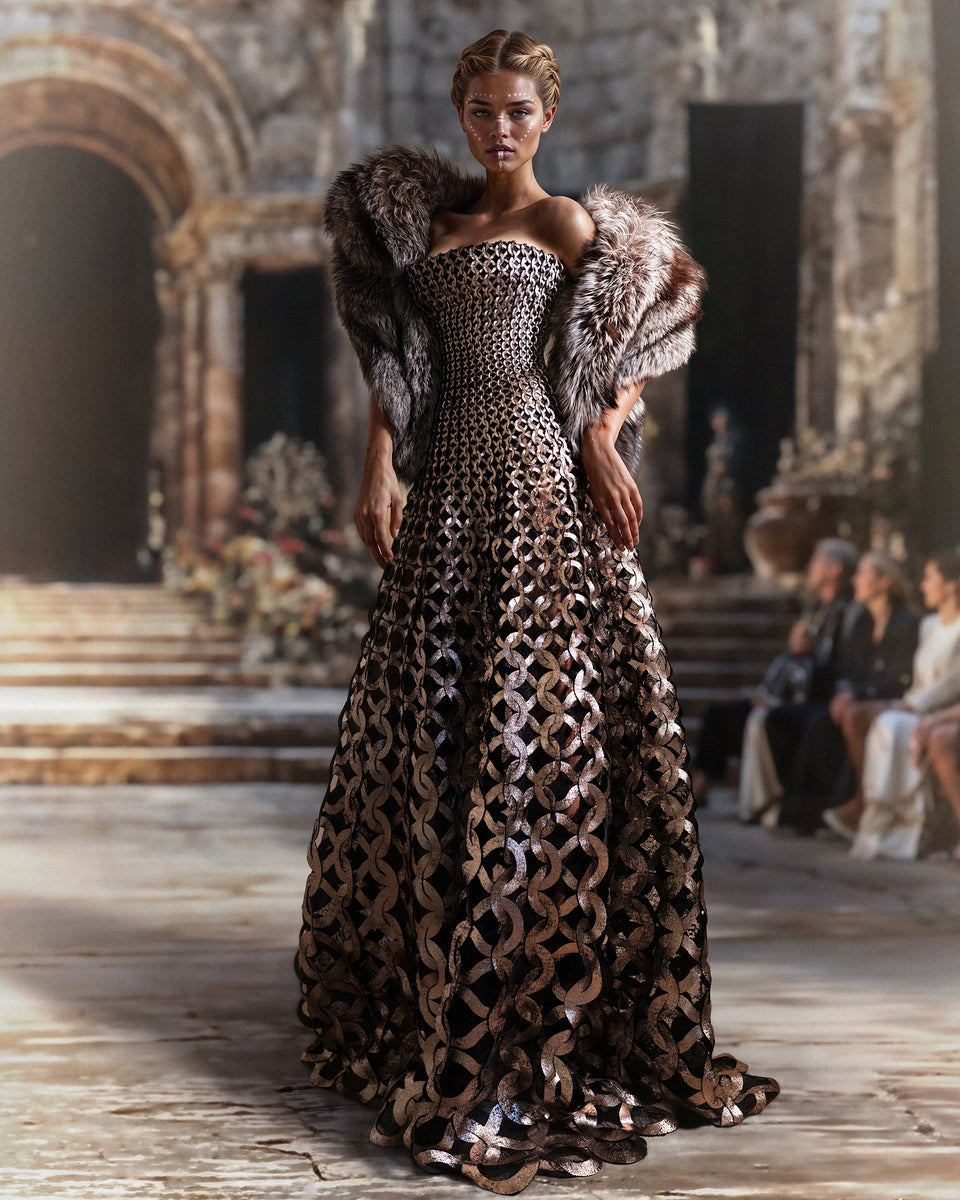 Interlaced Dress With Fur Shawl – Saiid Kobeisy Online