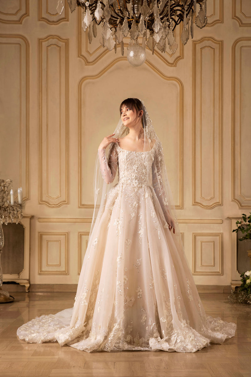 Beaded dress with tulle sheer sleeves – Saiid Kobeisy Online