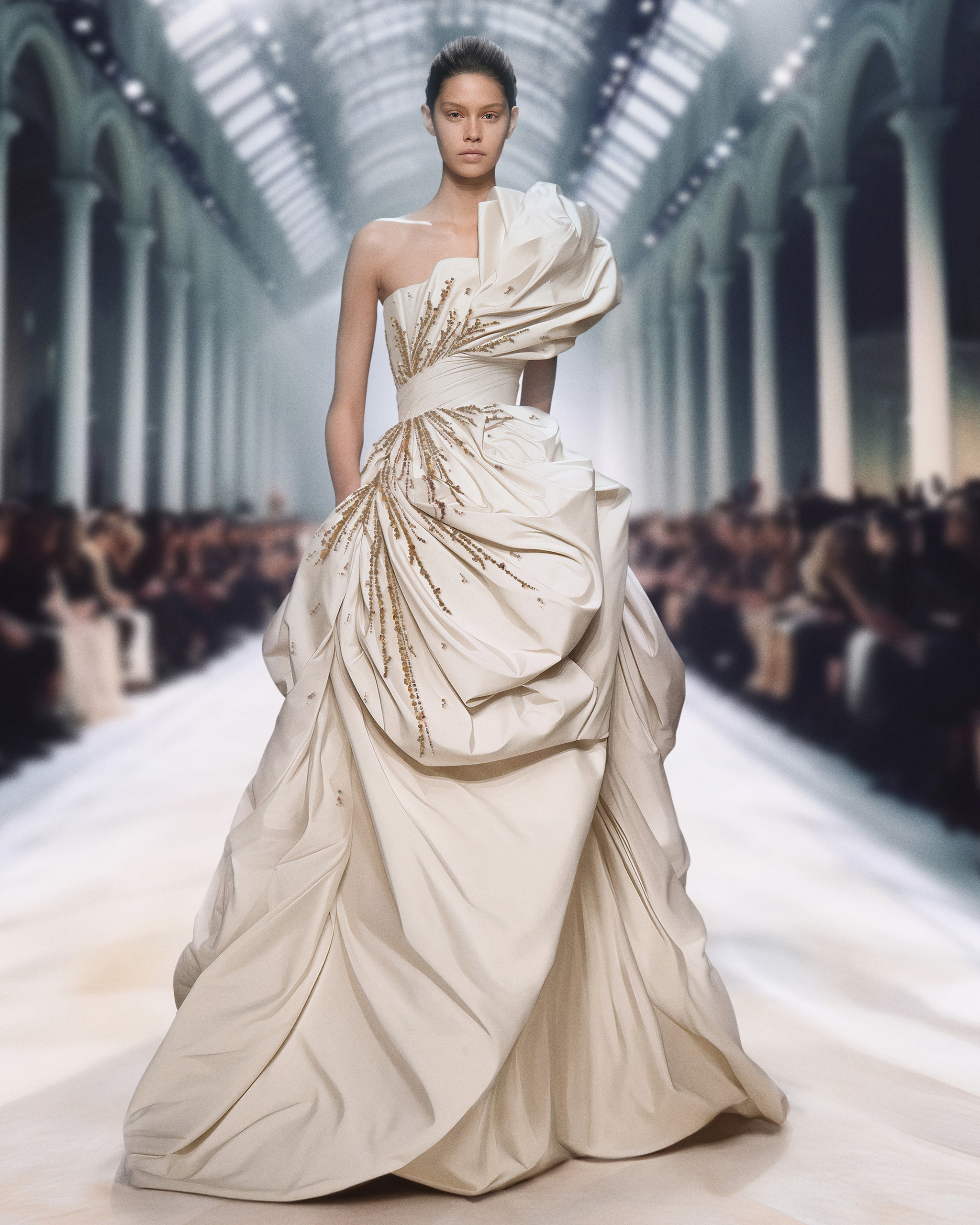 beadded runway dress SS 1998 Beaded Runway Gown with Lace Detail