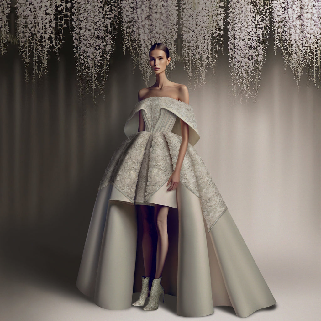 Silk Mikado Dress With Floral Organza Beading Saiid Kobeisy Online Silk Mikado Dress With Floral Organza Beading Saiid Kobeisy Online