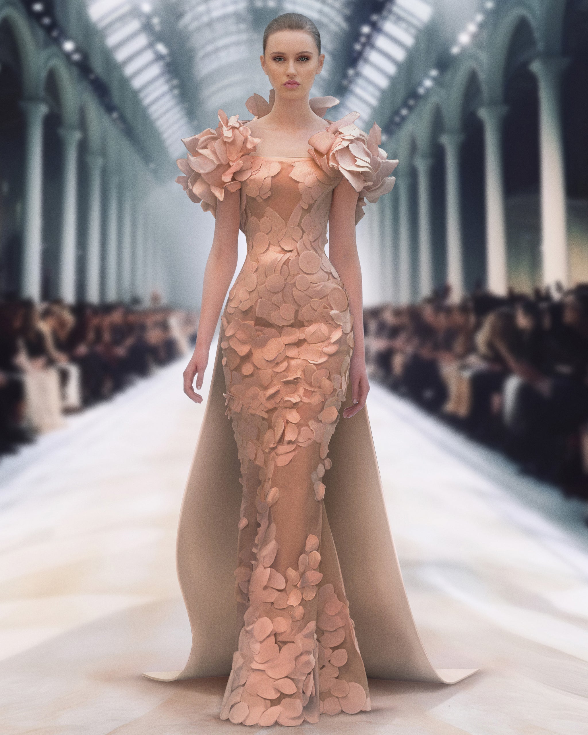 Crepe satin off-shoulder beaded dress – Saiid Kobeisy Online