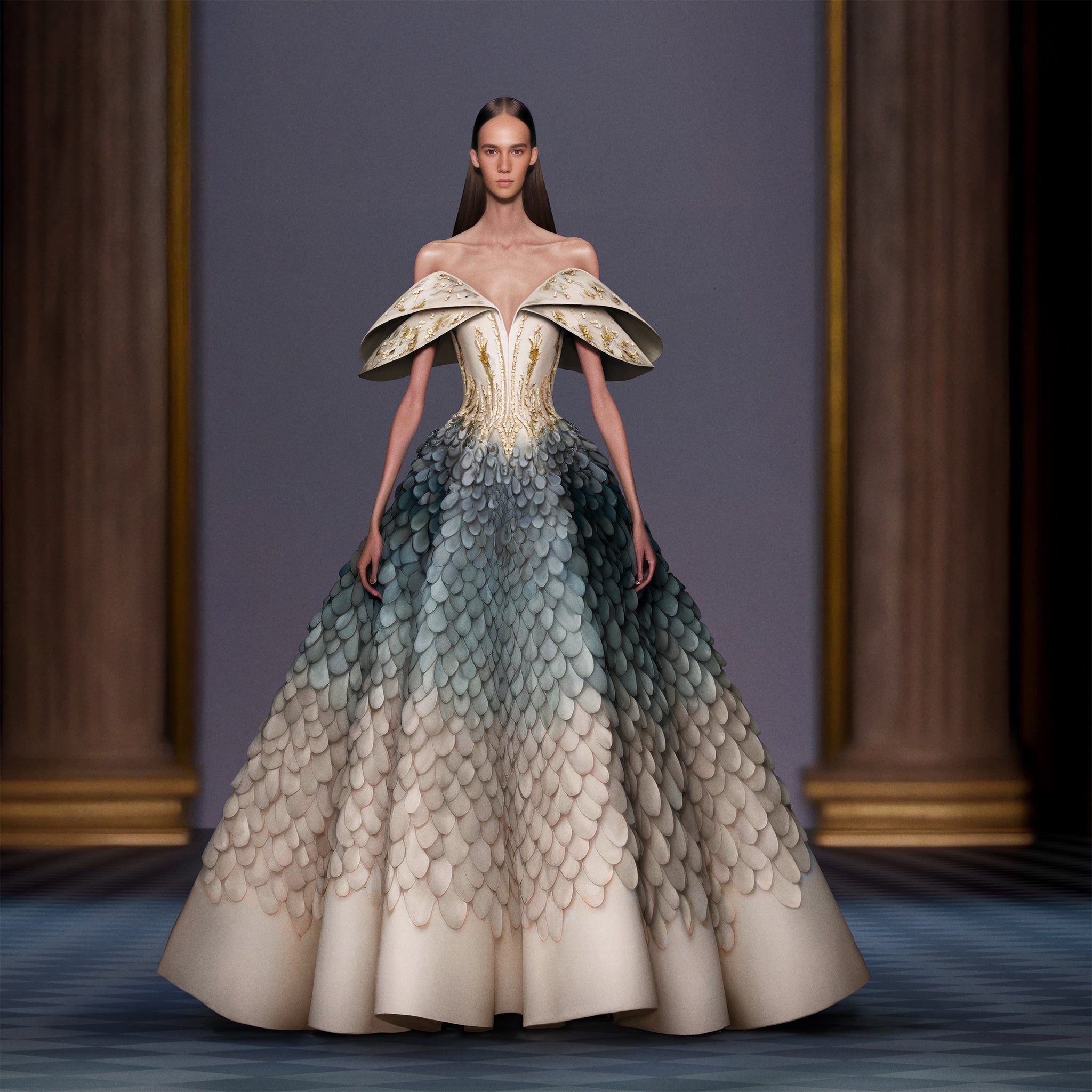 オールインワン・サロペット Saiid Kobeisy Crepe Mermaid Dress With Beading And Tulle Crepe mermaid dress with beading and tulle long sleeves