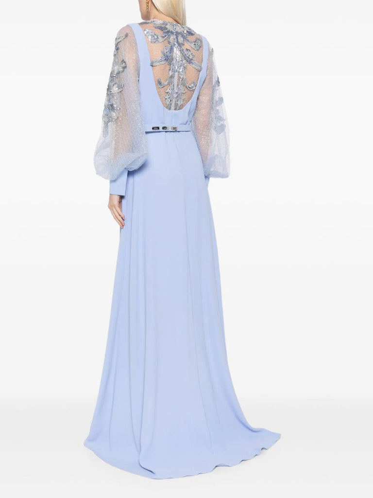 Crepe Dress With Envelope Skirt And A Beaded Top And Sleeves Saiid Kobeisy Online Crepe Dress With Envelope Skirt And A Beaded Top And Sleeves Saiid Kobeisy Online