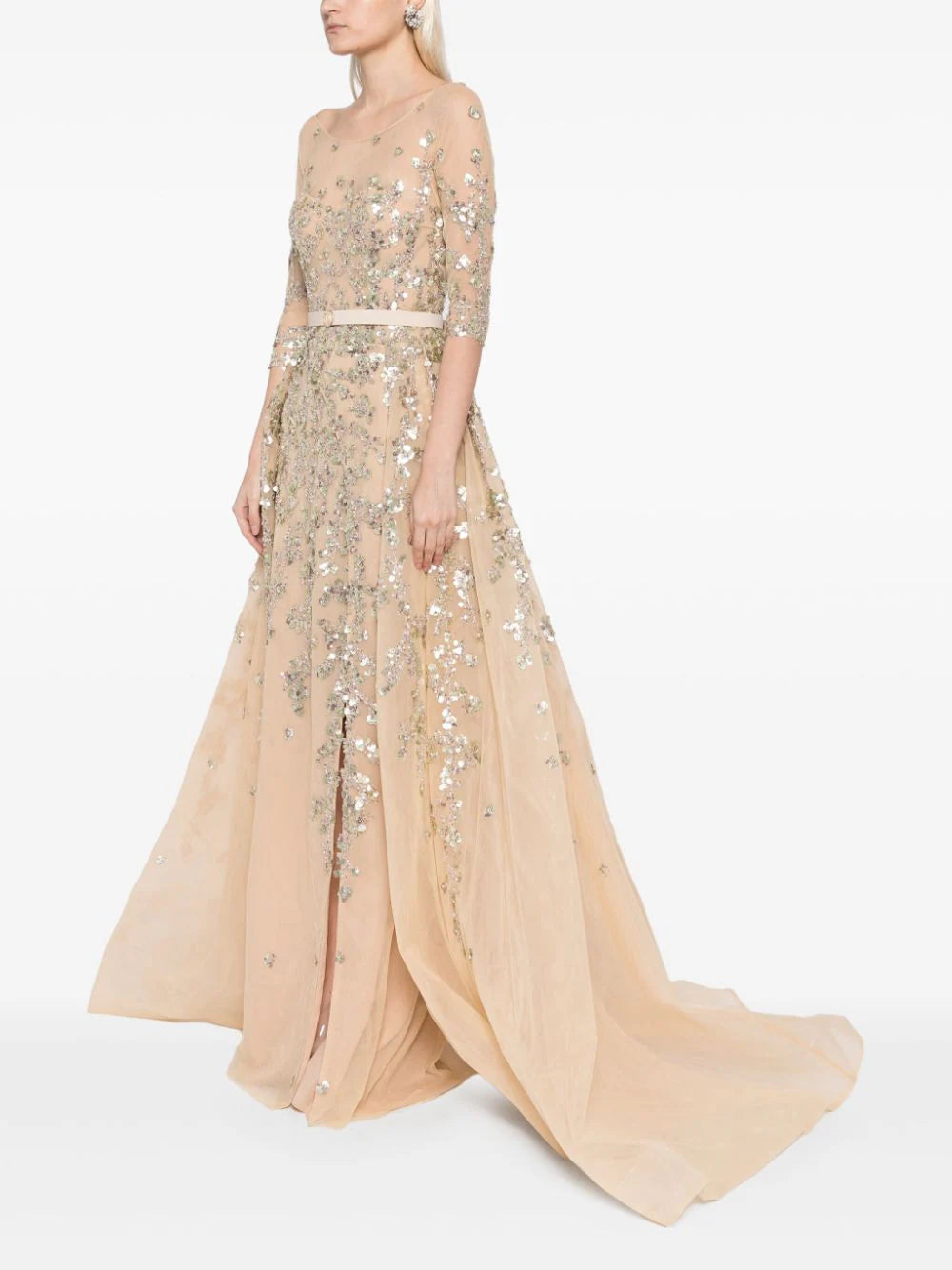 crepe mini dress with sequined tulle overskirt crepe mini dress with sequined tulle overskirt Ladivine CC2430 Elegantly Fitted Sparkly Mini Dress Black-Nude / 10