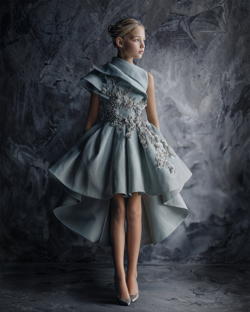 silver taffeta dress Organza Sleeve Detailed Double-Side Taffeta Long Dress