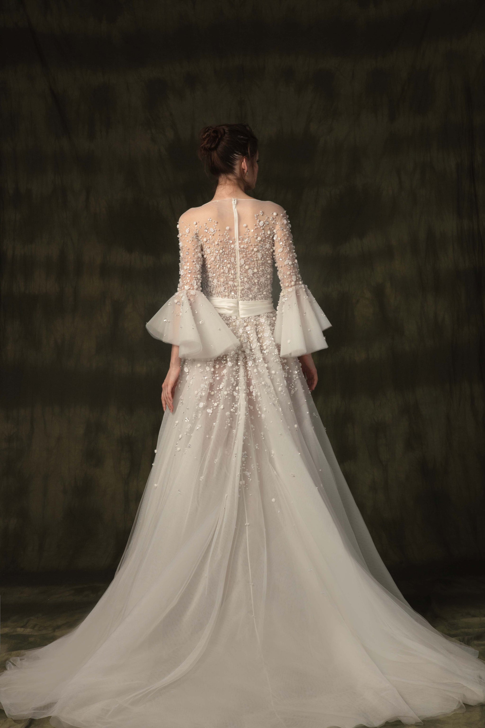 Tulle beaded dress with 3/4 sleeves – Saiid Kobeisy Online