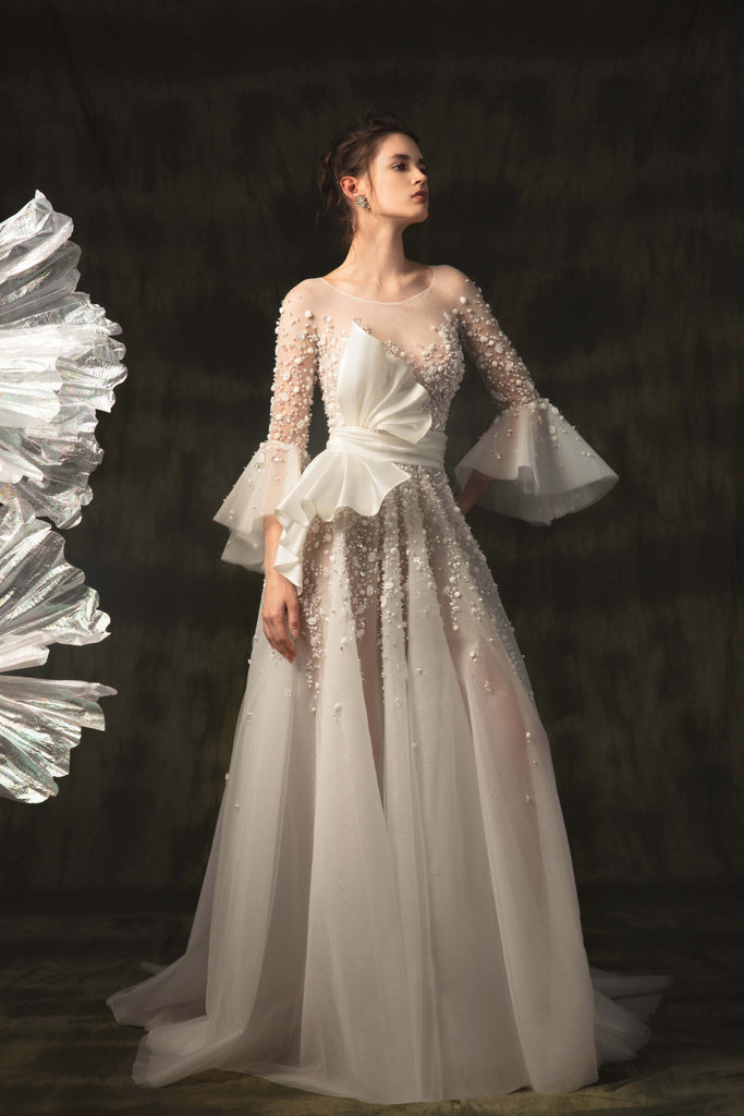 Tulle beaded dress with 3/4 sleeves Saiid Kobeisy Online Tulle beaded dress with 3/4 sleeves Saiid Kobeisy Online