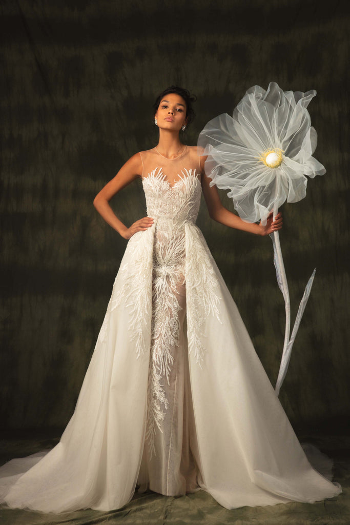 Beaded lace dress with overskirt Saiid Kobeisy Online Beaded lace dress with overskirt Saiid Kobeisy Online