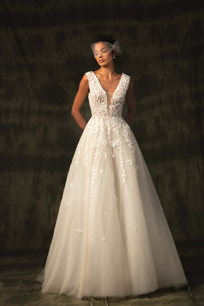 Tulle beaded dress with V neckline Saiid Kobeisy Online Tulle beaded dress with V neckline Saiid Kobeisy Online