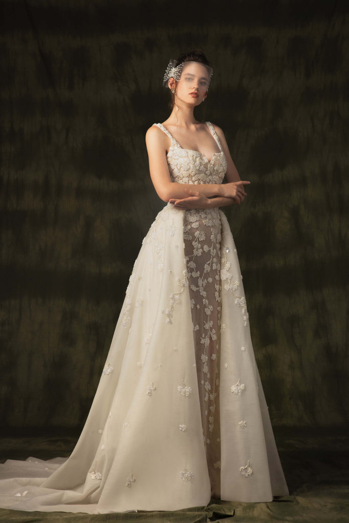Tulle beaded dress with flowers shapes with overskirt Saiid Kobeisy Online Tulle beaded dress with flowers shapes with overskirt Saiid Kobeisy Online
