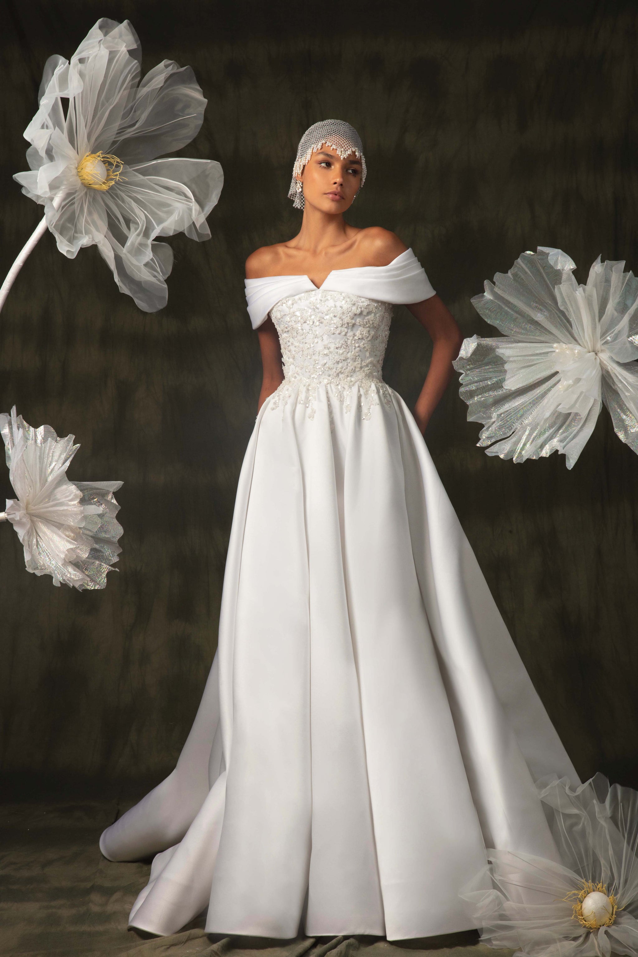 Tulle beaded dress with 3/4 sleeves – Saiid Kobeisy Online