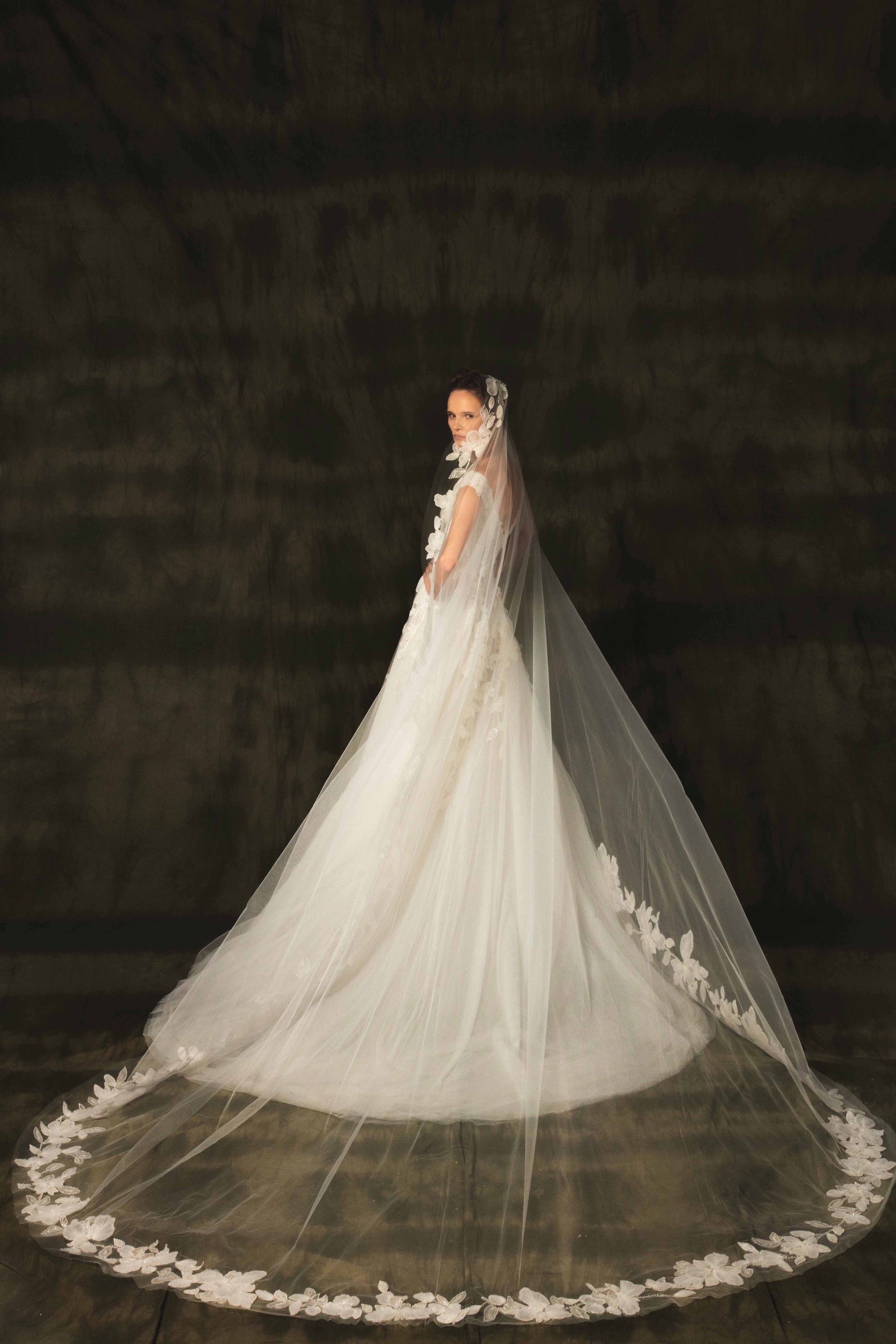 Tulle beaded dress with flowers shapes with overskirt