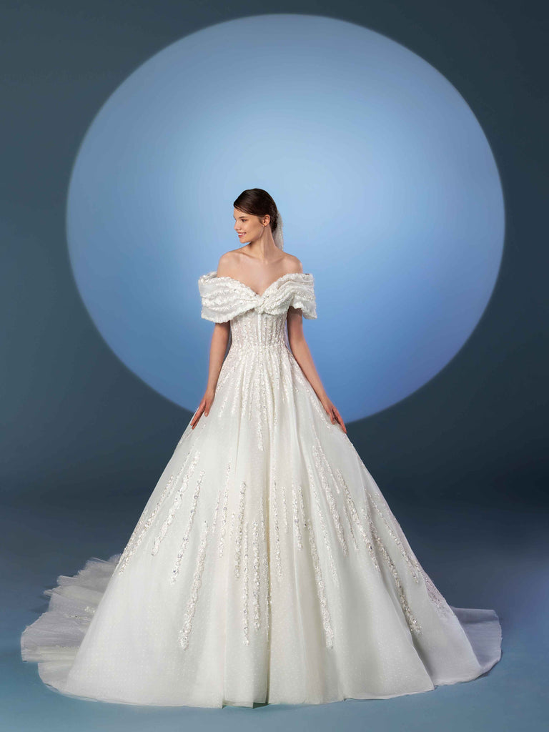 Tulle beaded ball gown with draped off-shoulder draped sleeves Saiid Kobeisy Online Tulle beaded ball gown with draped off-shoulder draped sleeves Saiid Kobeisy Online