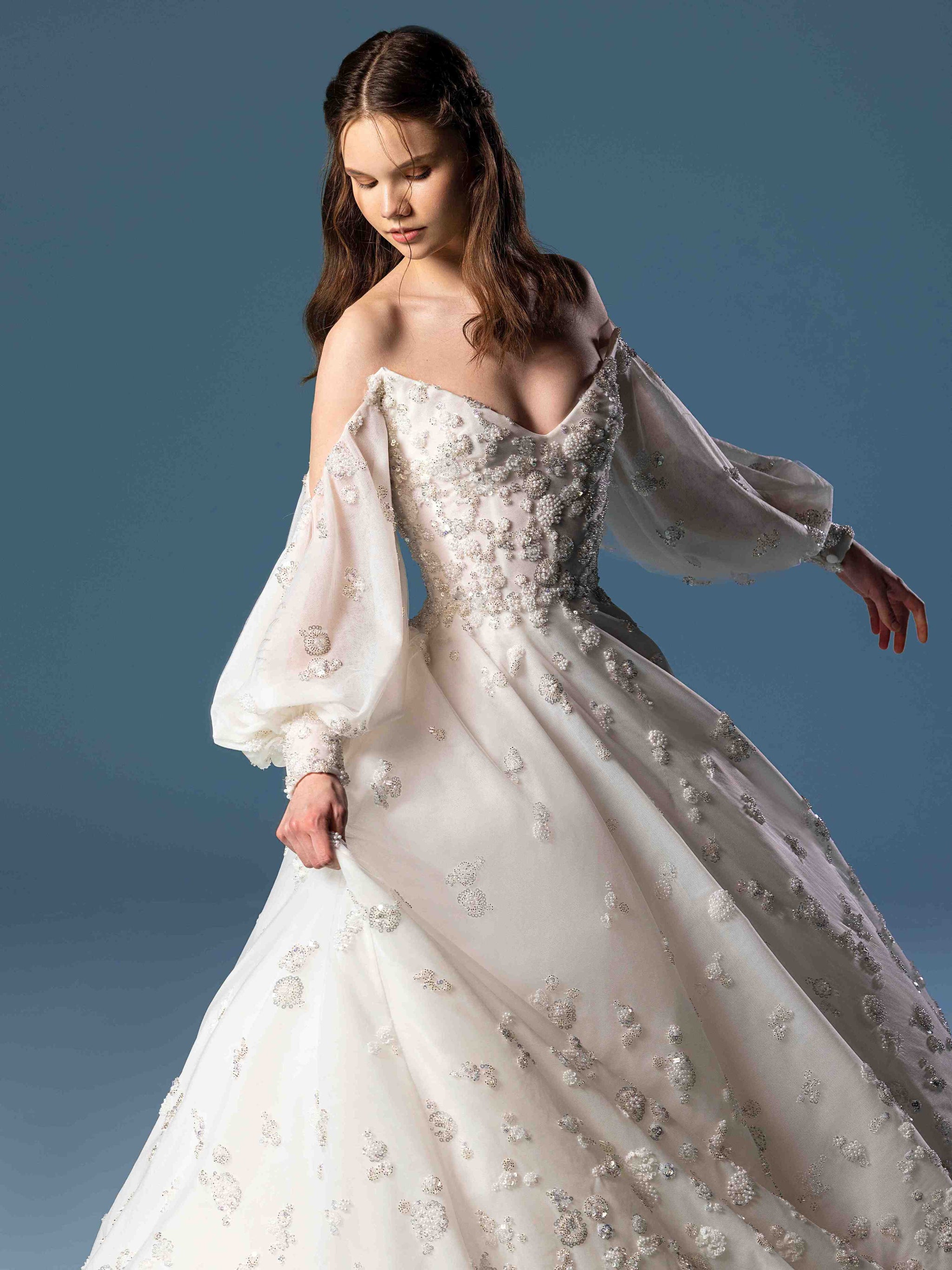 Tulle beaded ball gown with off-shoulder bell sleeves