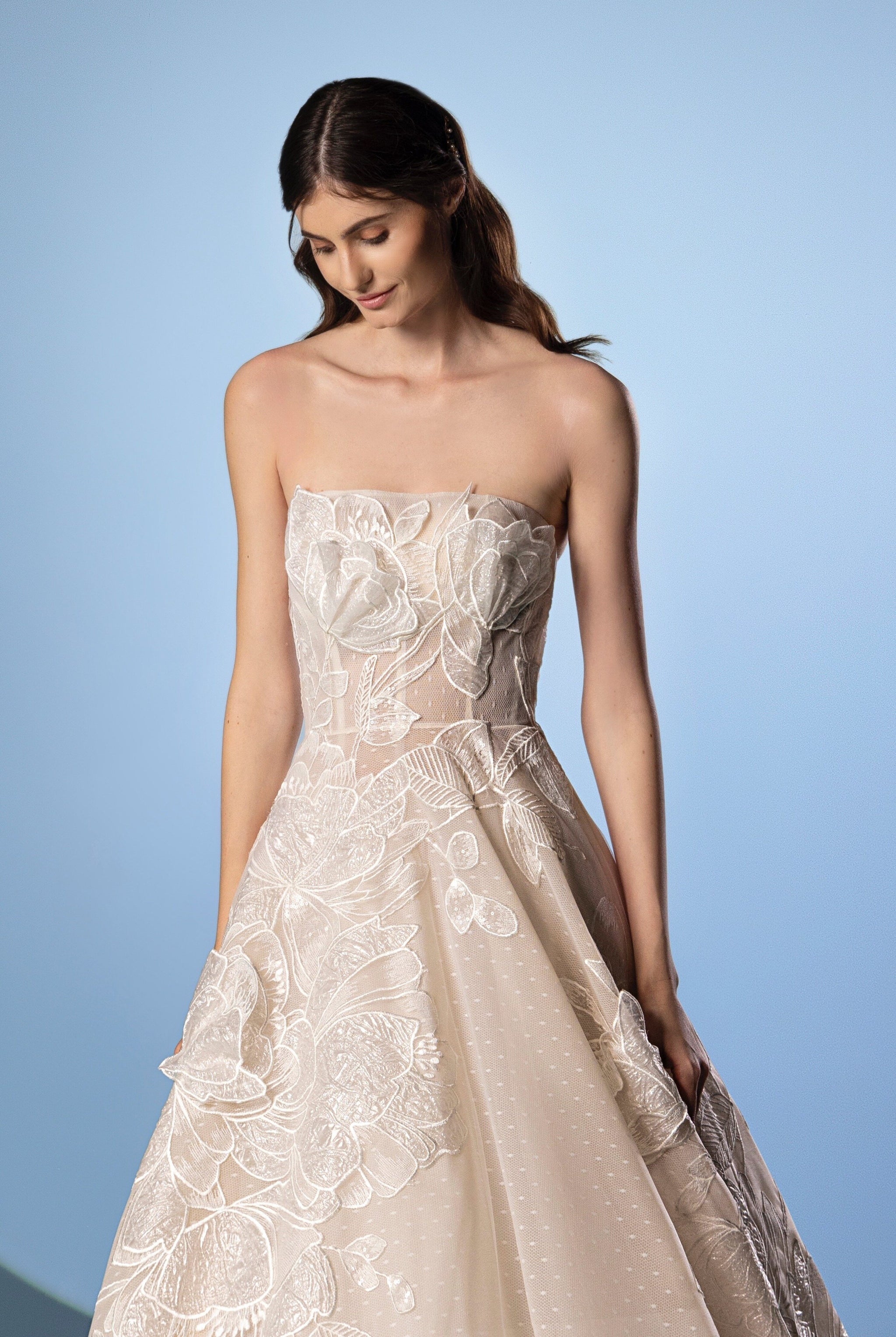 Tulle strapless embroidered organza flowers ball gown
