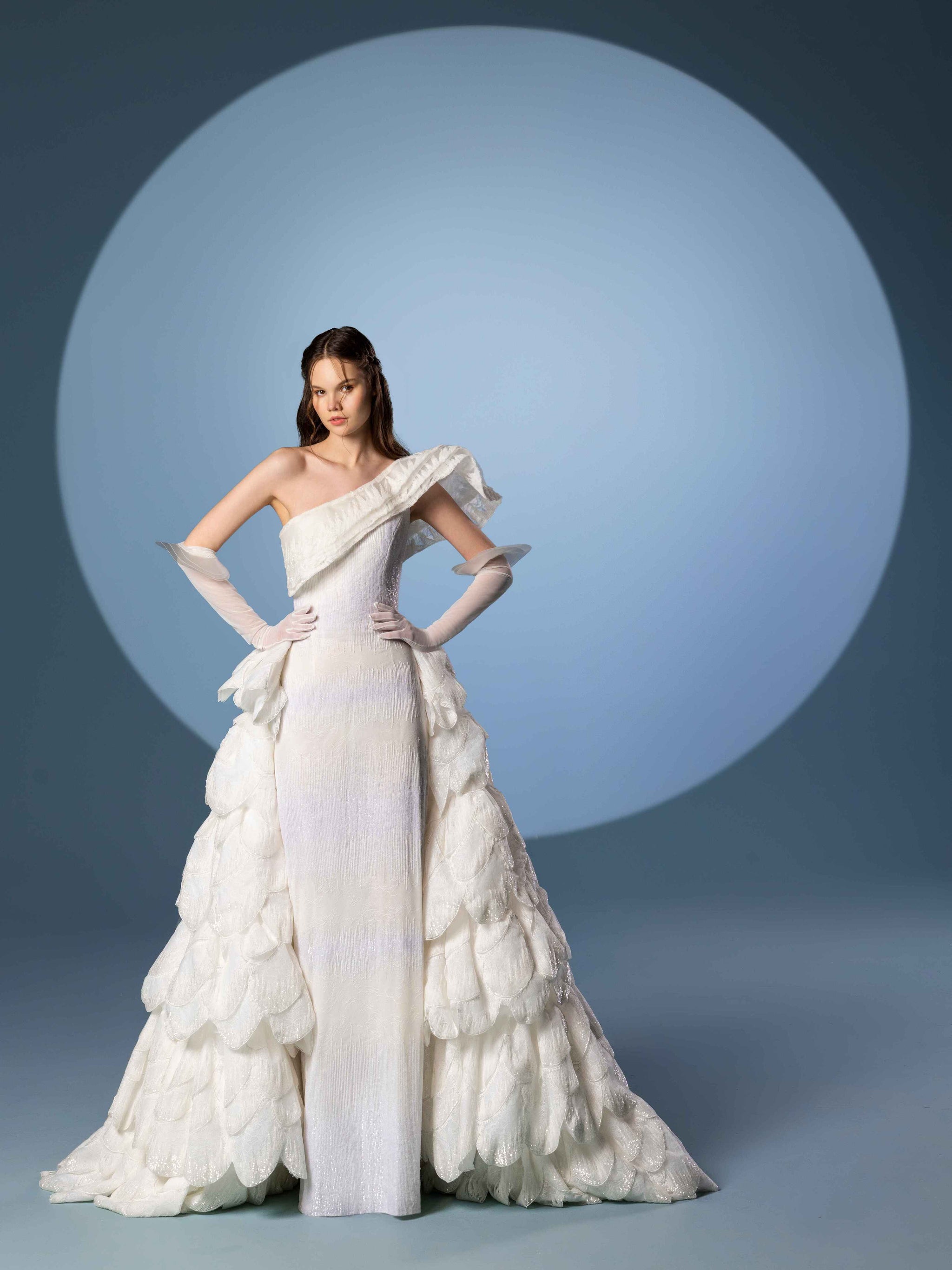 Tulle beaded ball gown with off-shoulder bell sleeves – Saiid