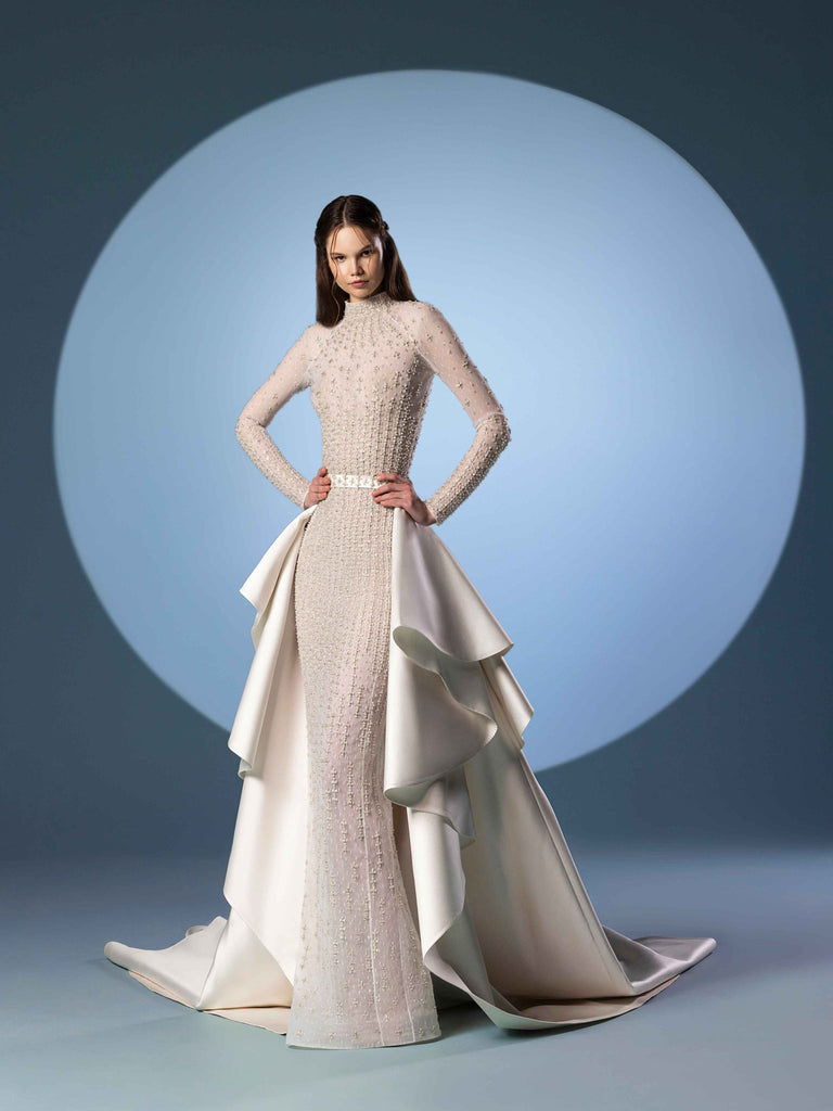 Tulle beaded fitted dress with sleeves and a Mikado overskirt Saiid Kobeisy Online Tulle beaded fitted dress with sleeves and a Mikado overskirt Saiid Kobeisy Online