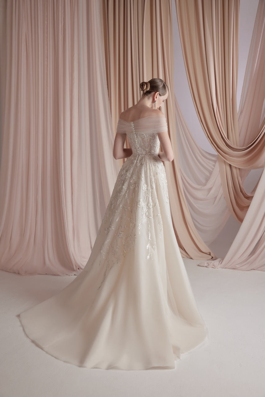 Ivory Off-Shoulder Tulle Dress with Floral Embroidery