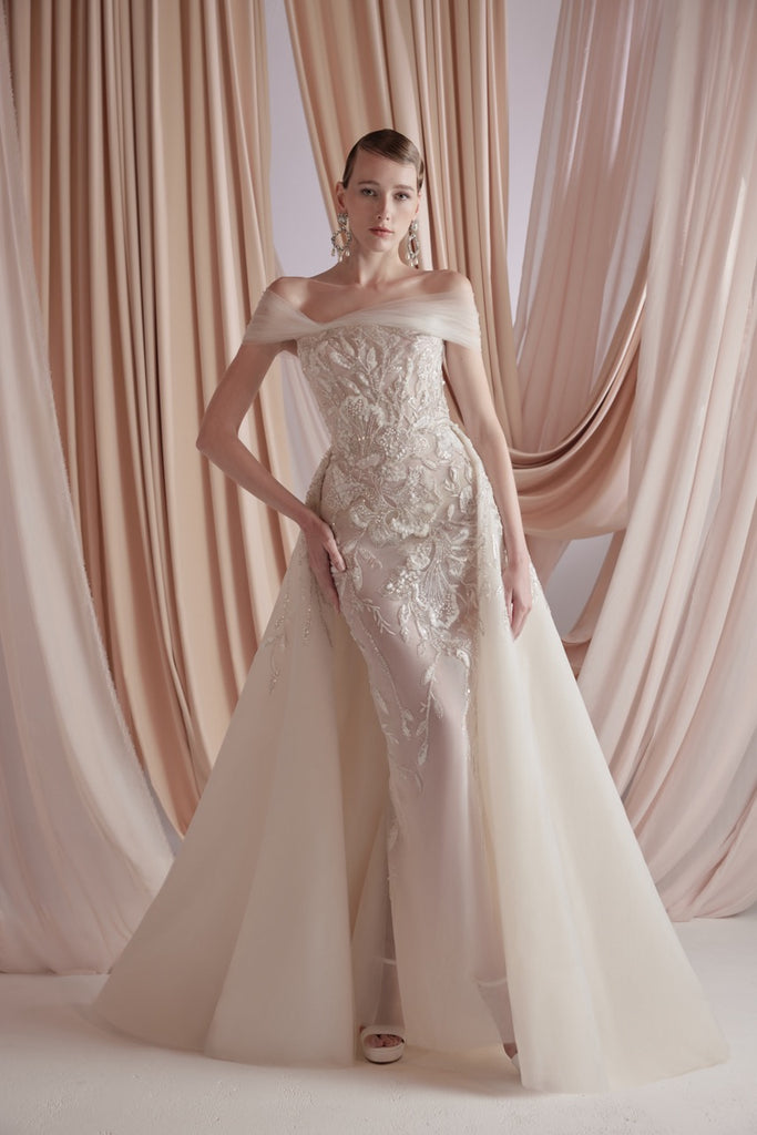 Ivory Off-Shoulder Tulle Dress with Floral Embroidery Saiid Kobeisy Online Ivory Off-Shoulder Tulle Dress with Floral Embroidery Saiid Kobeisy Online