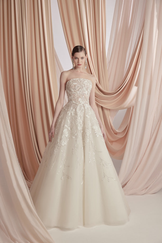 Ivory Strapless Tulle Dress with Floral Embroidery Saiid Kobeisy Online Ivory Strapless Tulle Dress with Floral Embroidery Saiid Kobeisy Online