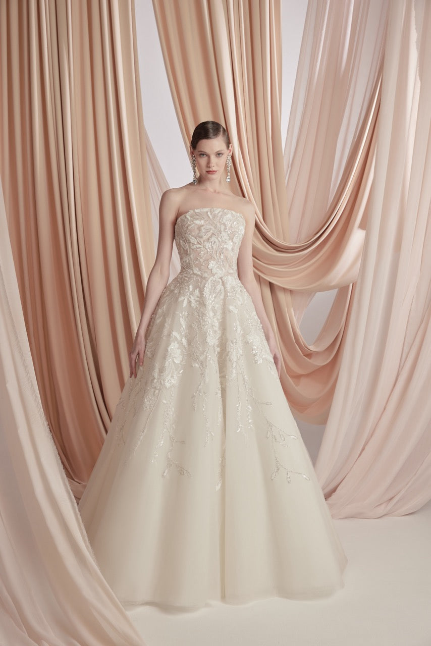 Ivory Long-Sleeved Tulle Dress with Floral and Leaf Embroidery and Ove Saiid Kobeisy Online Ivory Long-Sleeved Tulle Dress with Floral and Leaf Embroidery and Ove Saiid Kobeisy Online