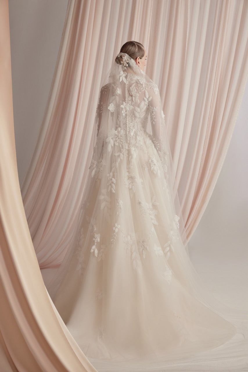 Ivory Long-Sleeved Tulle Dress with Floral and Leaf Embroidery and Ove Saiid Kobeisy Online Ivory Long-Sleeved Tulle Dress with Floral and Leaf Embroidery and Ove Saiid Kobeisy Online