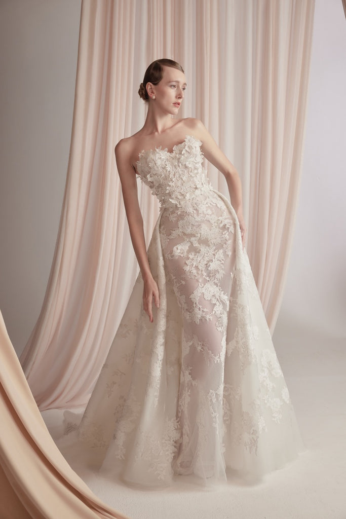 Off-White Strapless Fitted Dress with 3D Floral Embellishments and Det Saiid Kobeisy Online Off-White Strapless Fitted Dress with 3D Floral Embellishments and Det Saiid Kobeisy Online