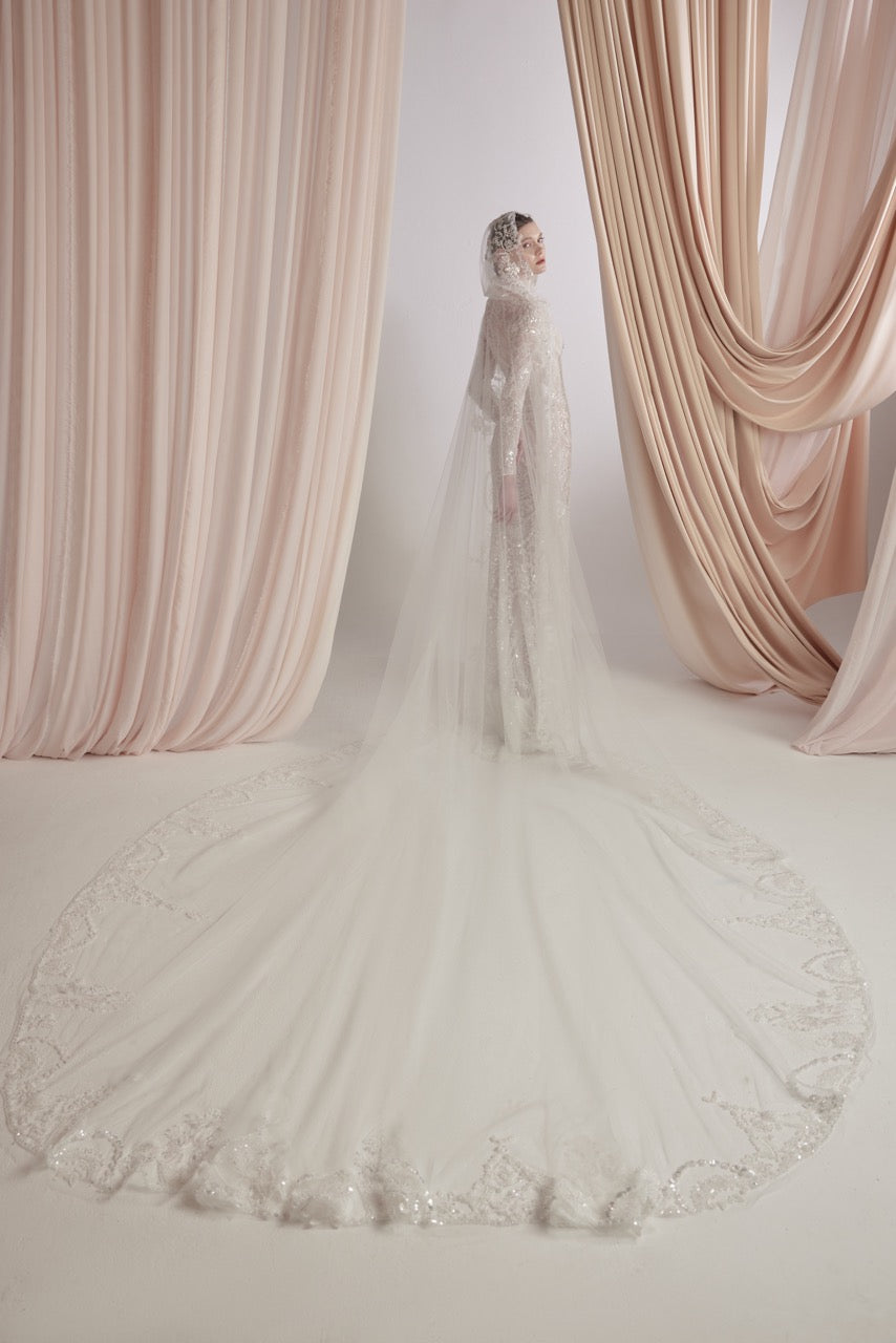 Off-White Tulle Fitted Dress with Baroque Pattern and Beaded