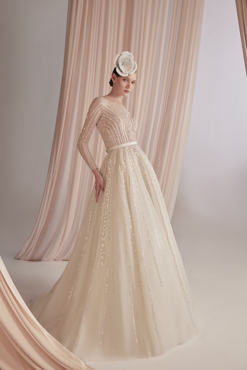 Ivory Long-Sleeved Tulle Dress with Floral and Leaf Embroidery and Ove   Saiid Kobeisy Online