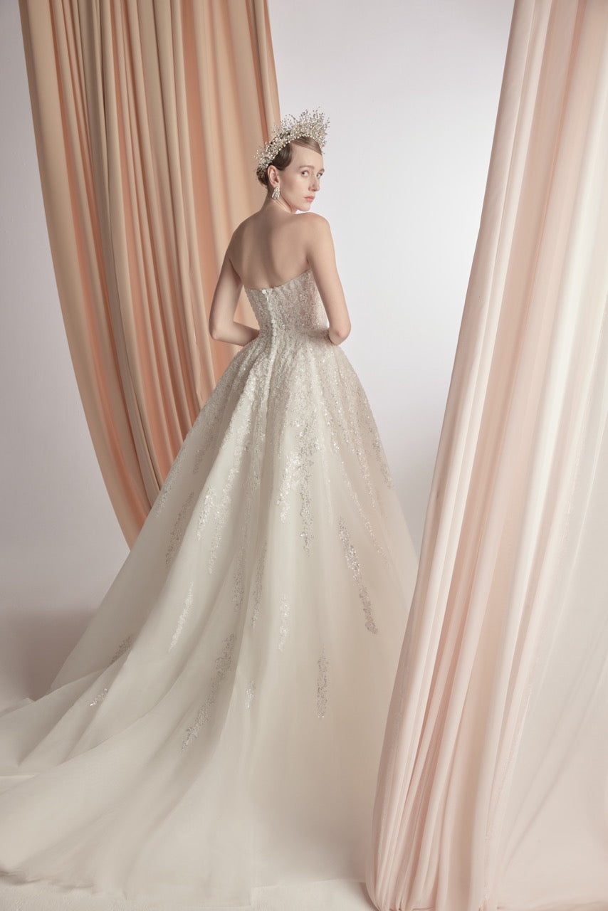 Off-White Strapless Mini Taffeta Dress with Pleated Overskirt and