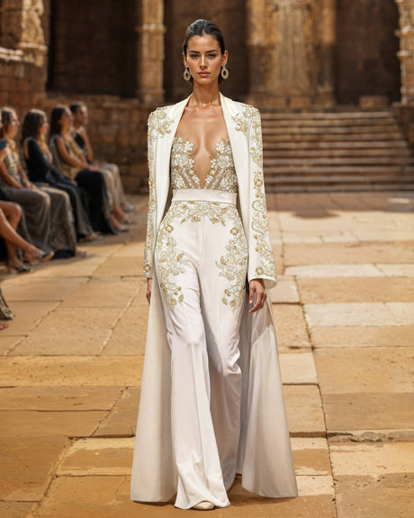 Embroidered Crepe Marocain Jumpsuit With Cape – Saiid Kobeisy Online