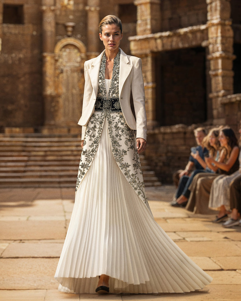 Triple Georgette Pleated Dress With Embroidered Crepe Saiid Kobeisy Online Triple Georgette Pleated Dress With Embroidered Crepe Saiid Kobeisy Online