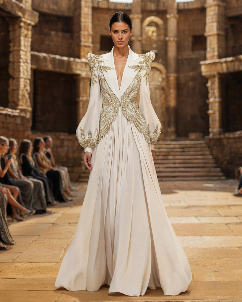 Triple Georgette Dress With Embroidered Crepe Jacket Saiid Kobeisy Online Triple Georgette Dress With Embroidered Crepe Jacket Saiid Kobeisy Online