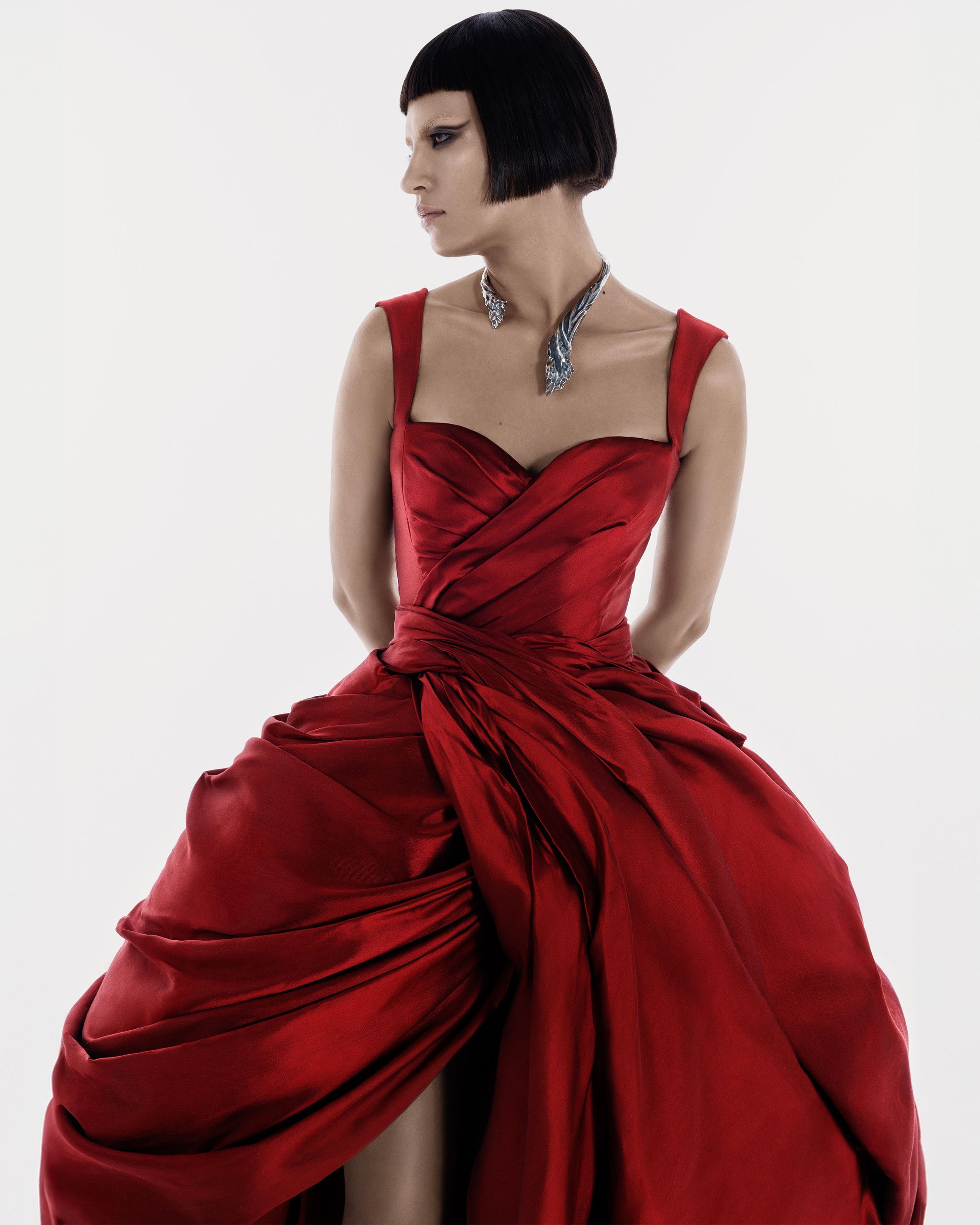 taffeta red dress Flirty Corset Mini with Rosette hem