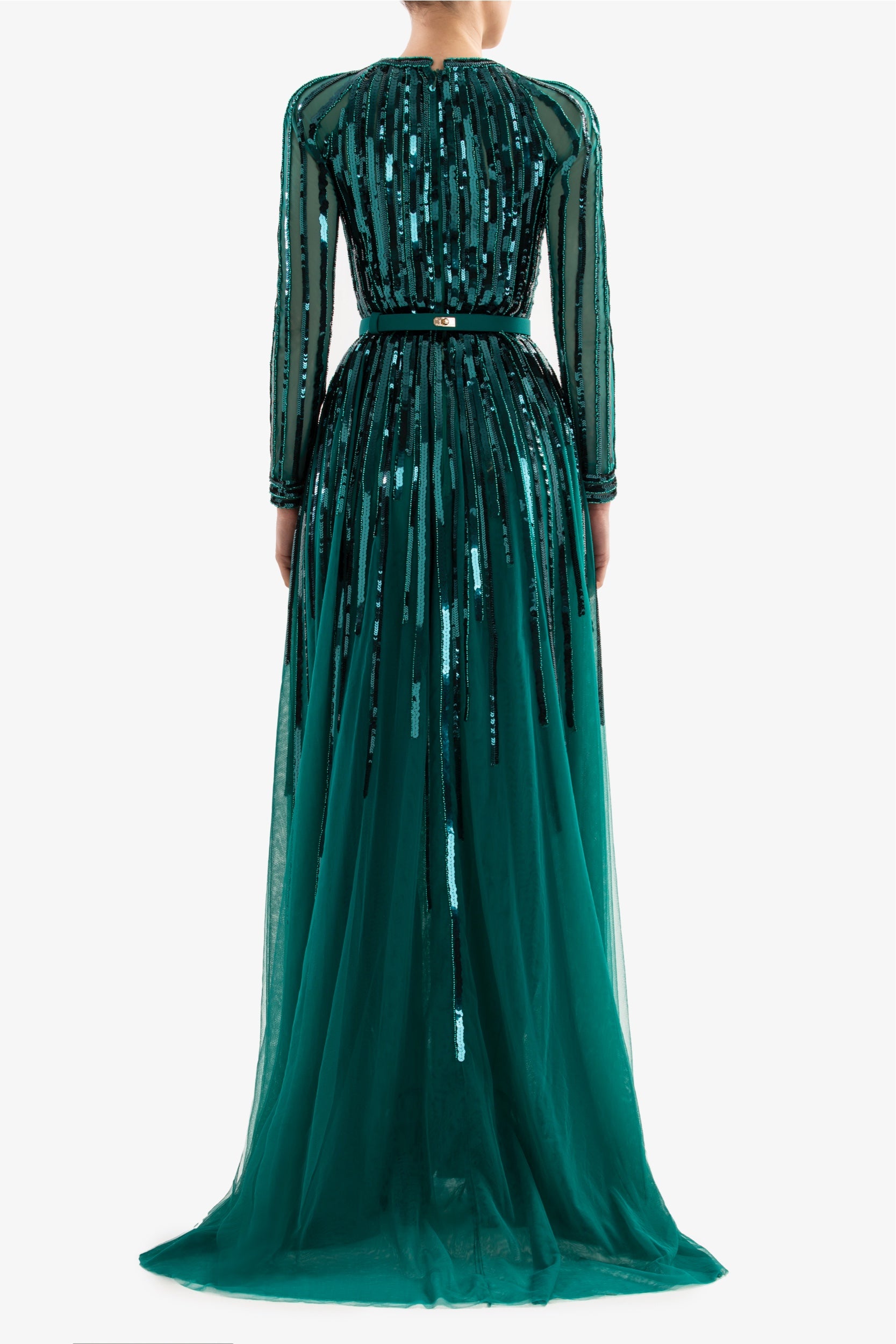 green emerald velvet dress Sparkly Dark Green Sequin Feather Long Prom Dress main image 1
