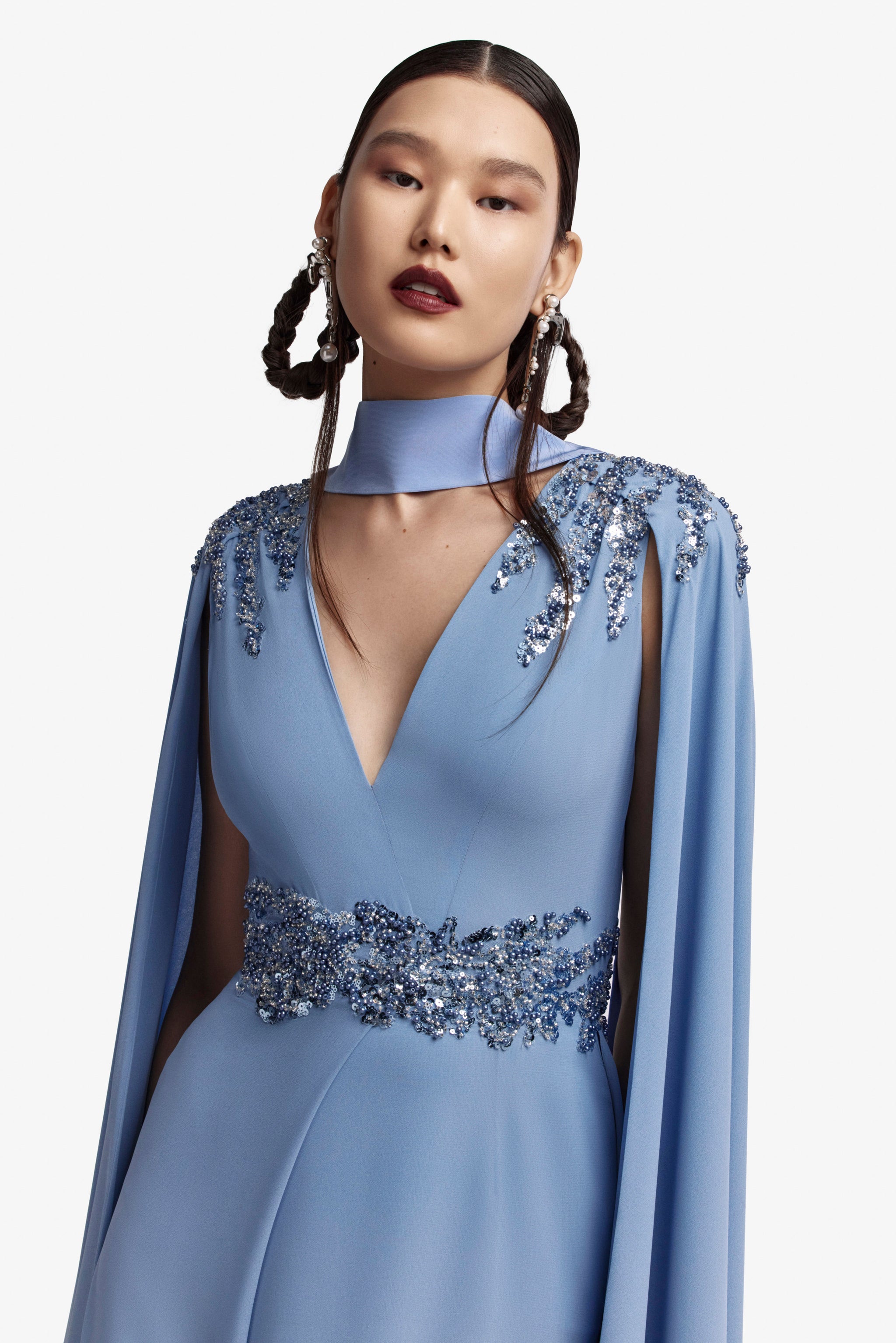 ブラック片肩フリルロングドレス　SAIID KOBEISY サイードコベイシー Beaded tulle dress with polka dots – Saiid Kobeisy Online