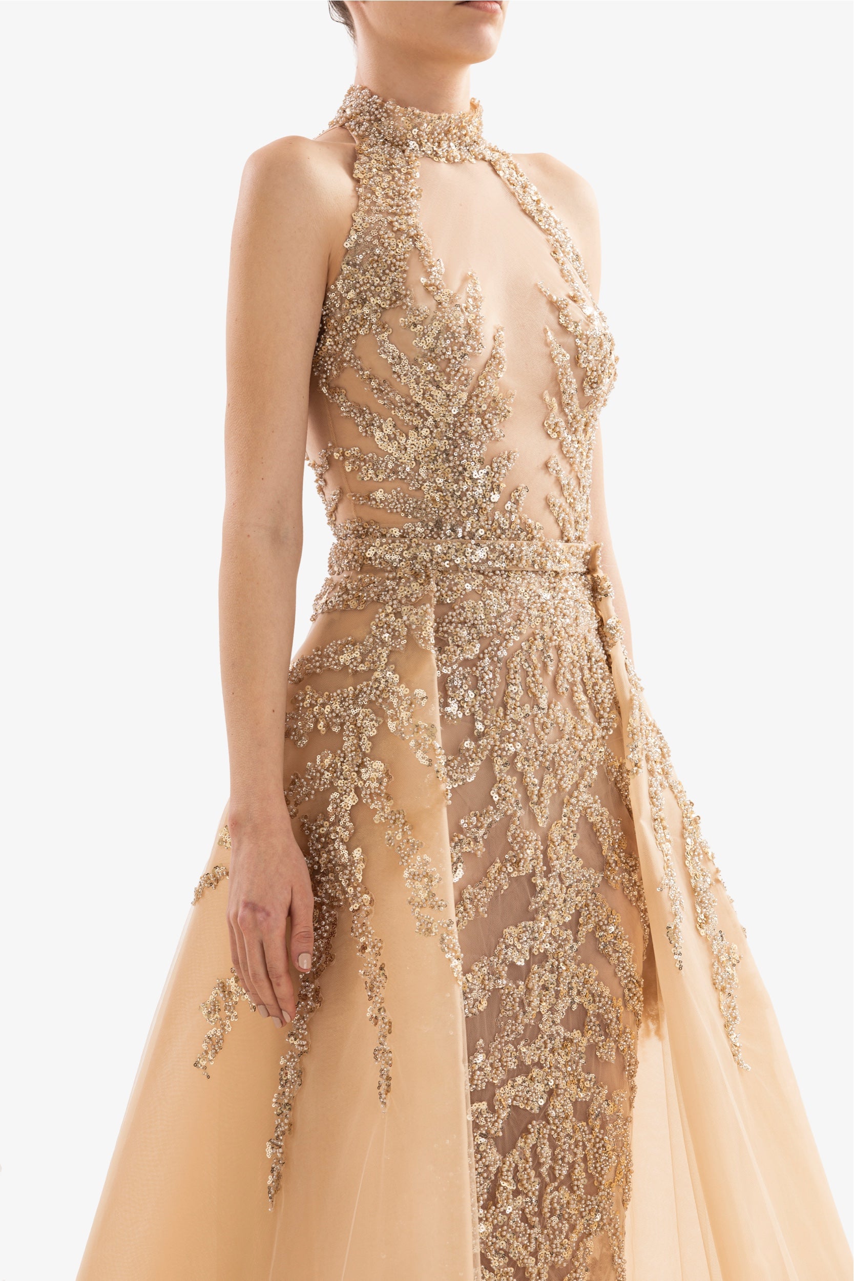 beige beaded dress [Final Sale]Luxury Beige Ruffles Beaded Long Sleeves Evening Dress SS514 main image 0