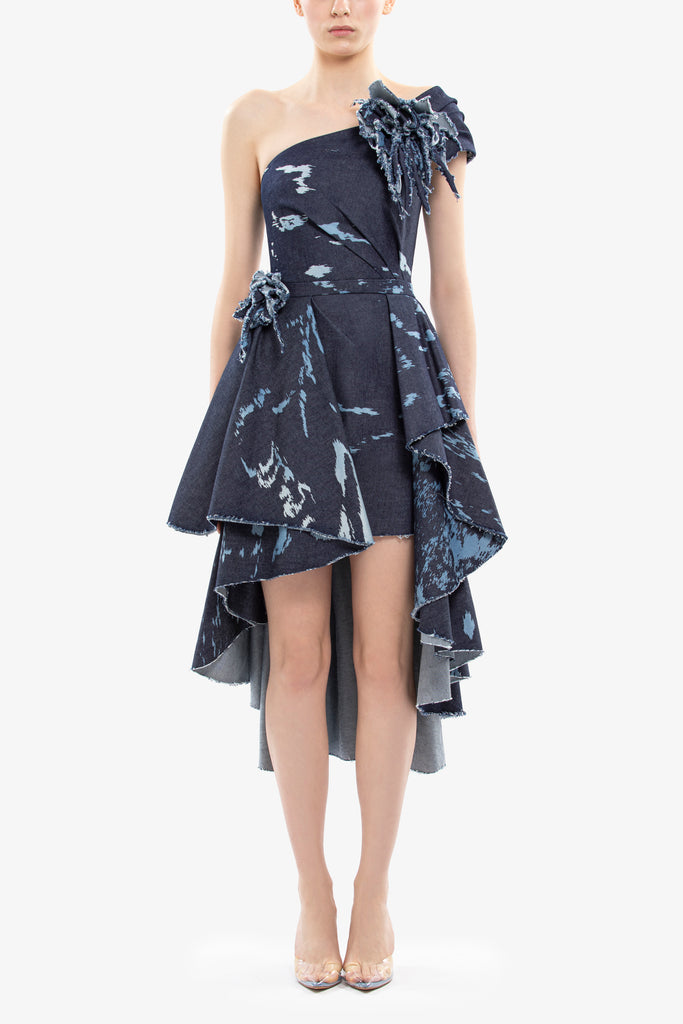 One-Shoulder Printed Denim Short Dress – Saiid Kobeisy