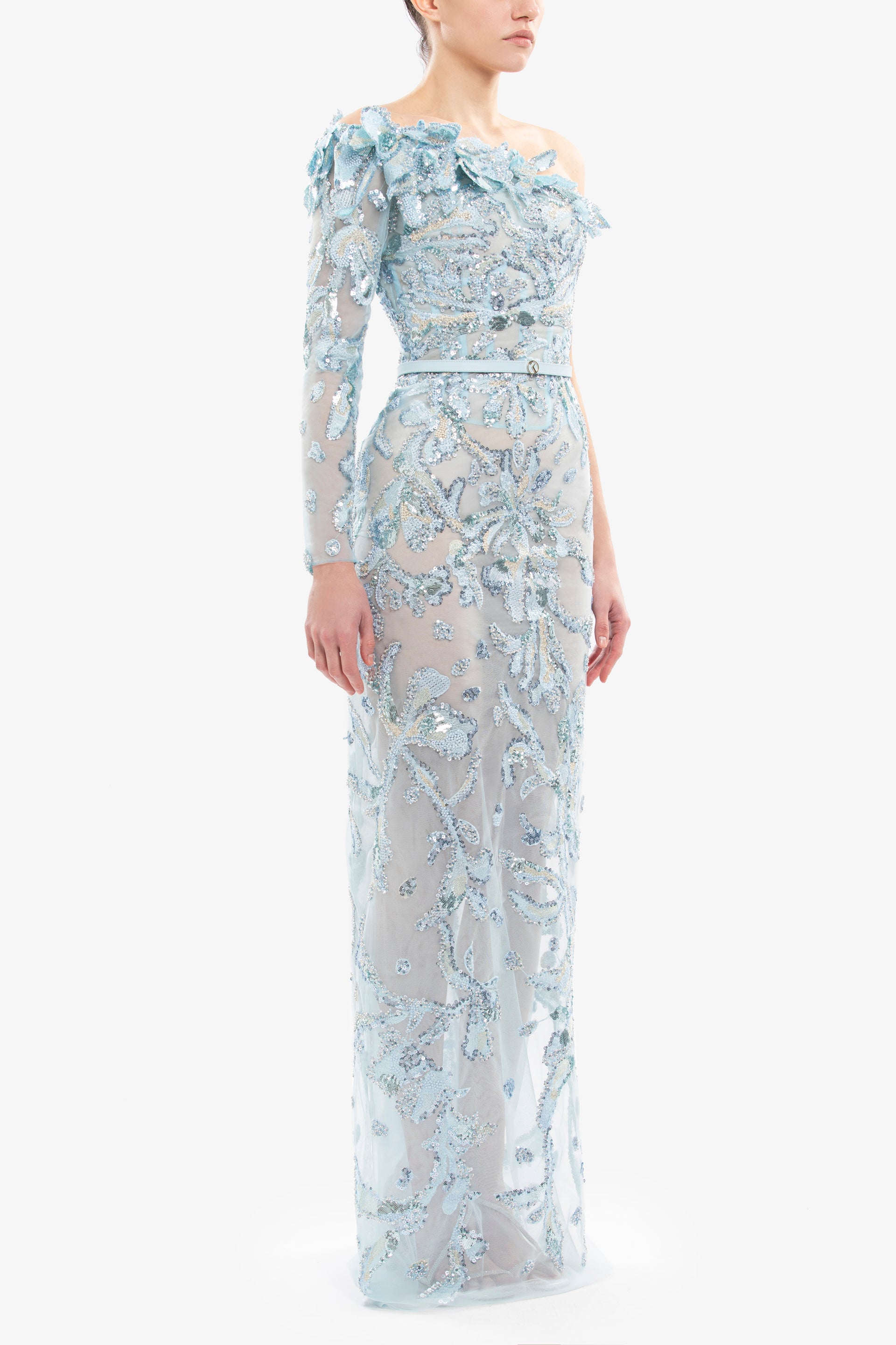 saemdi embroidered one shoulder dress Embroidered One-Shoulder Dress  Saiid Kobeisy