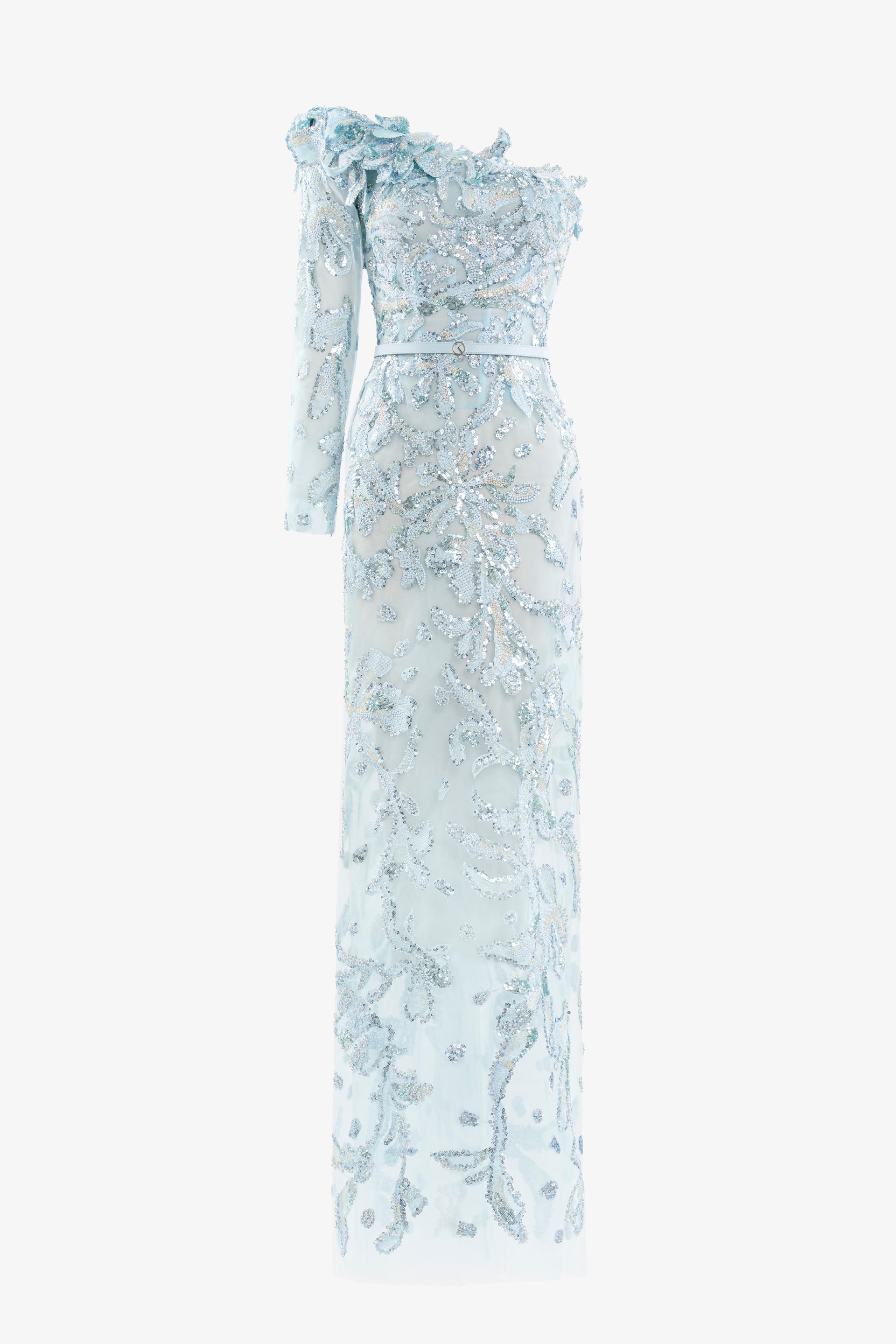 One-Shoulder Embroidered Tulle Dress Ice blue / 44 One-Shoulder Embroidered Tulle Dress Ice blue / 44