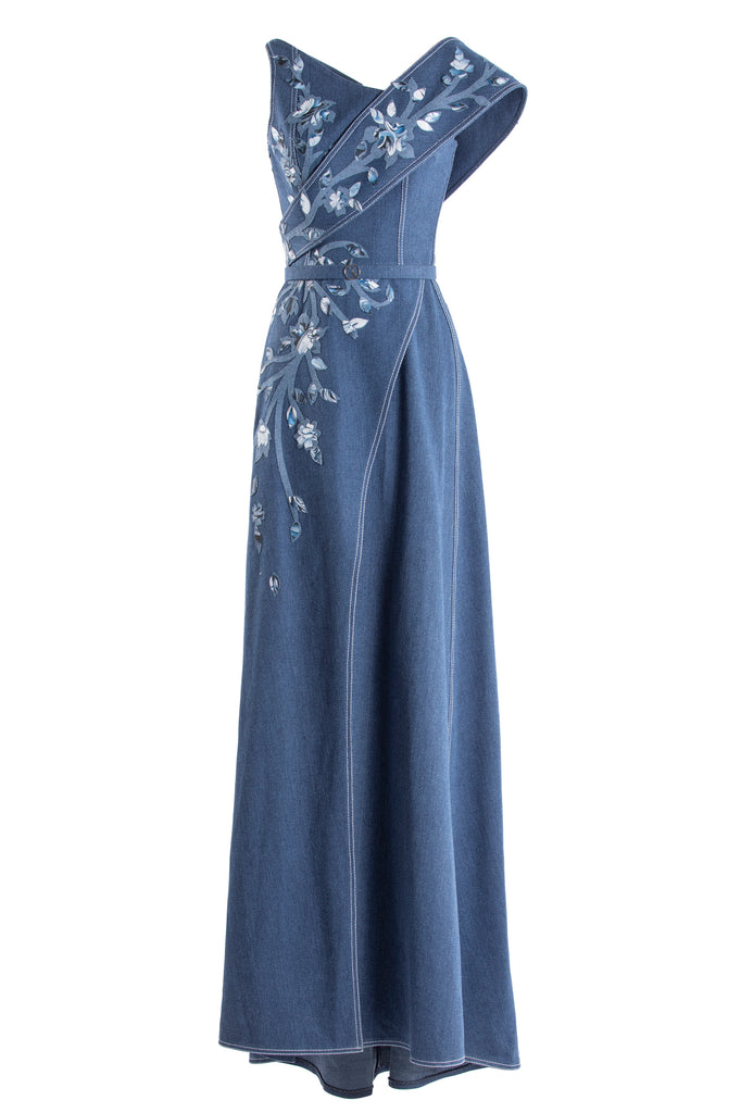 Denim Dress With Printed Embroidery Saiid Kobeisy Online Denim Dress With Printed Embroidery Saiid Kobeisy Online