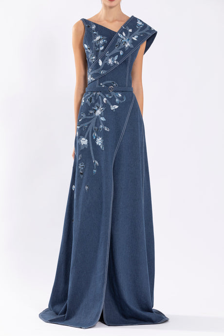 Denim Dress With Printed Embroidery Saiid Kobeisy Online Denim Dress With Printed Embroidery Saiid Kobeisy Online