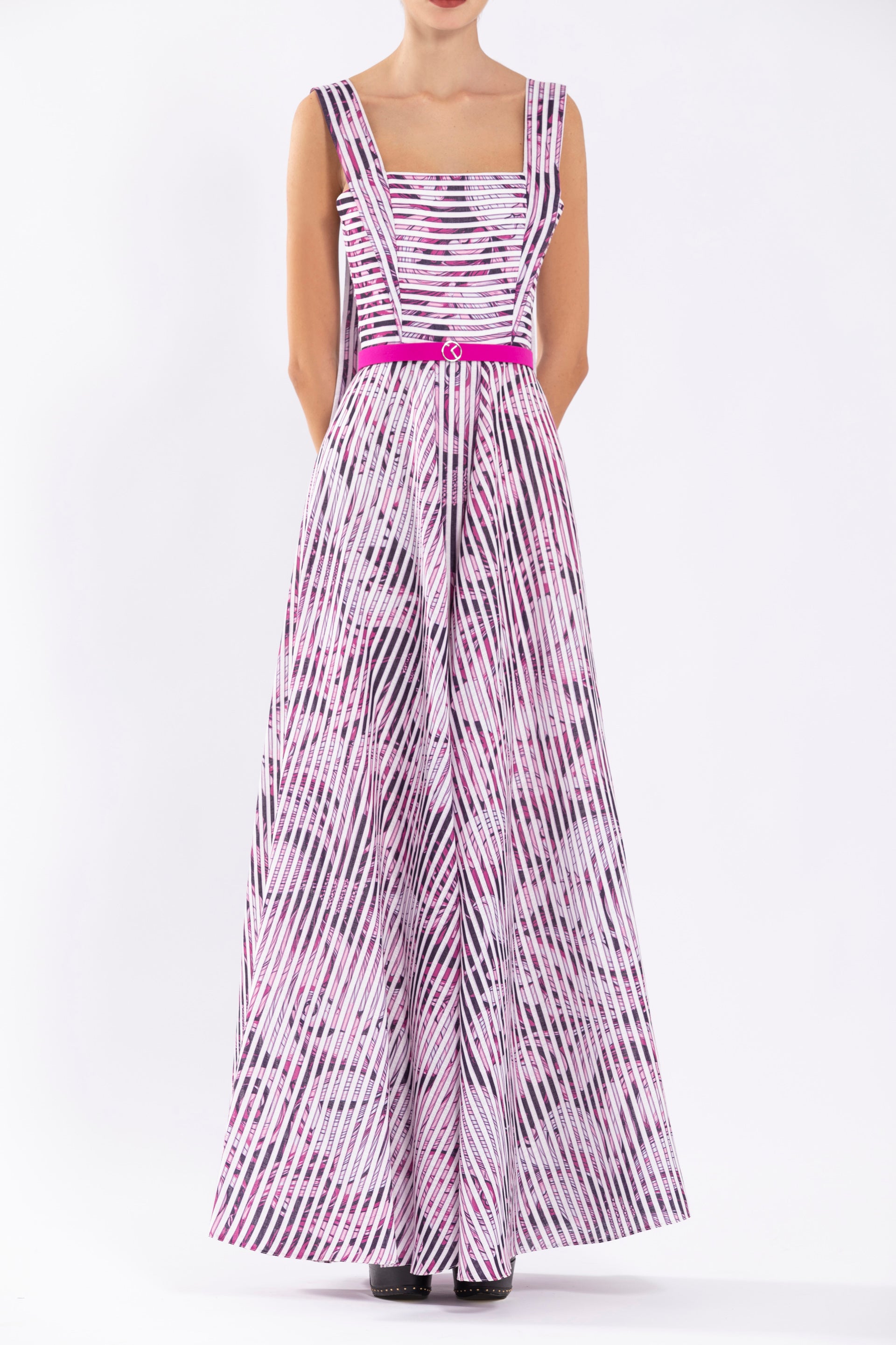 オールインワン・サロペット Saiid Kobeisy Linen Printed Dress With Striped, Floral Print Linen dress with striped print – Saiid Kobeisy Online