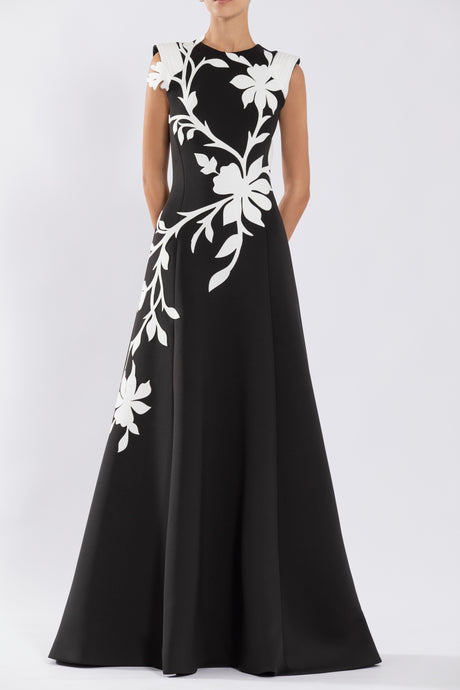 Neoprene Dress With Floral Embroidery Jetblack & Offwhite / 38