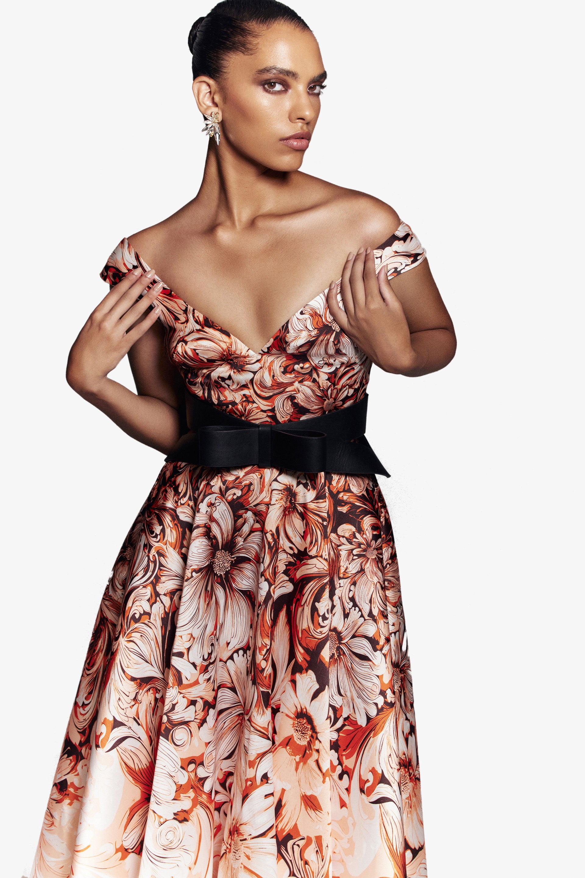 Mikado printed dress with off-shoulder sleeves – Saiid