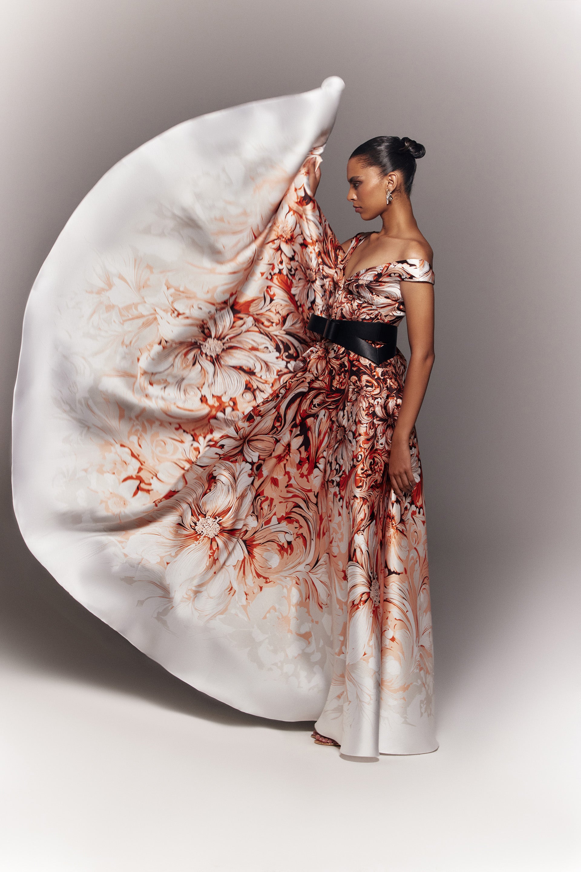 mikado off the shoulder shift dress Mikado Printed Dress With Off-Shoulder Sleeves – Saiid Kobeisy Online