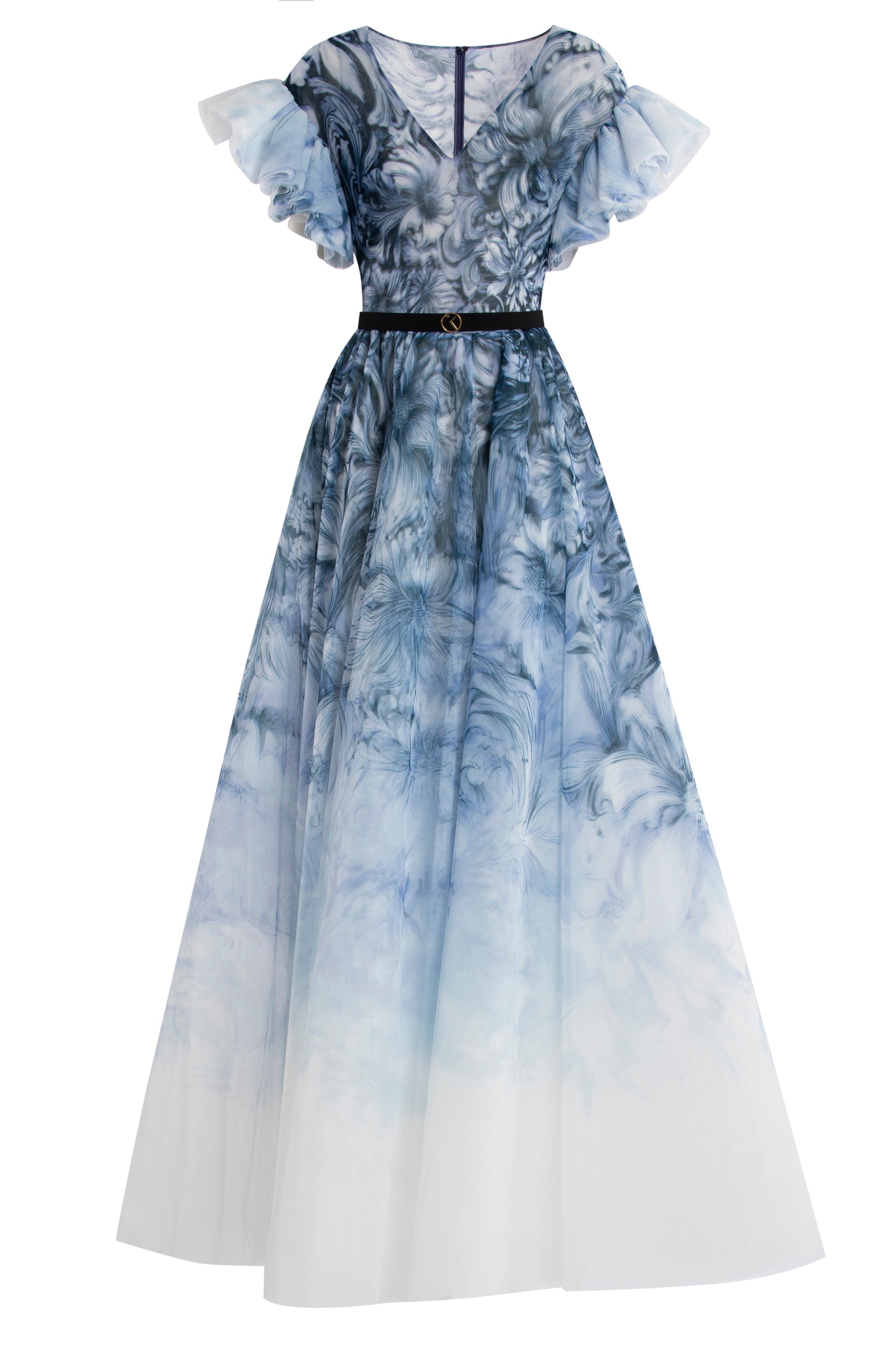 Tulle printed dress with pleated sleeves – Saiid Kobeisy Online