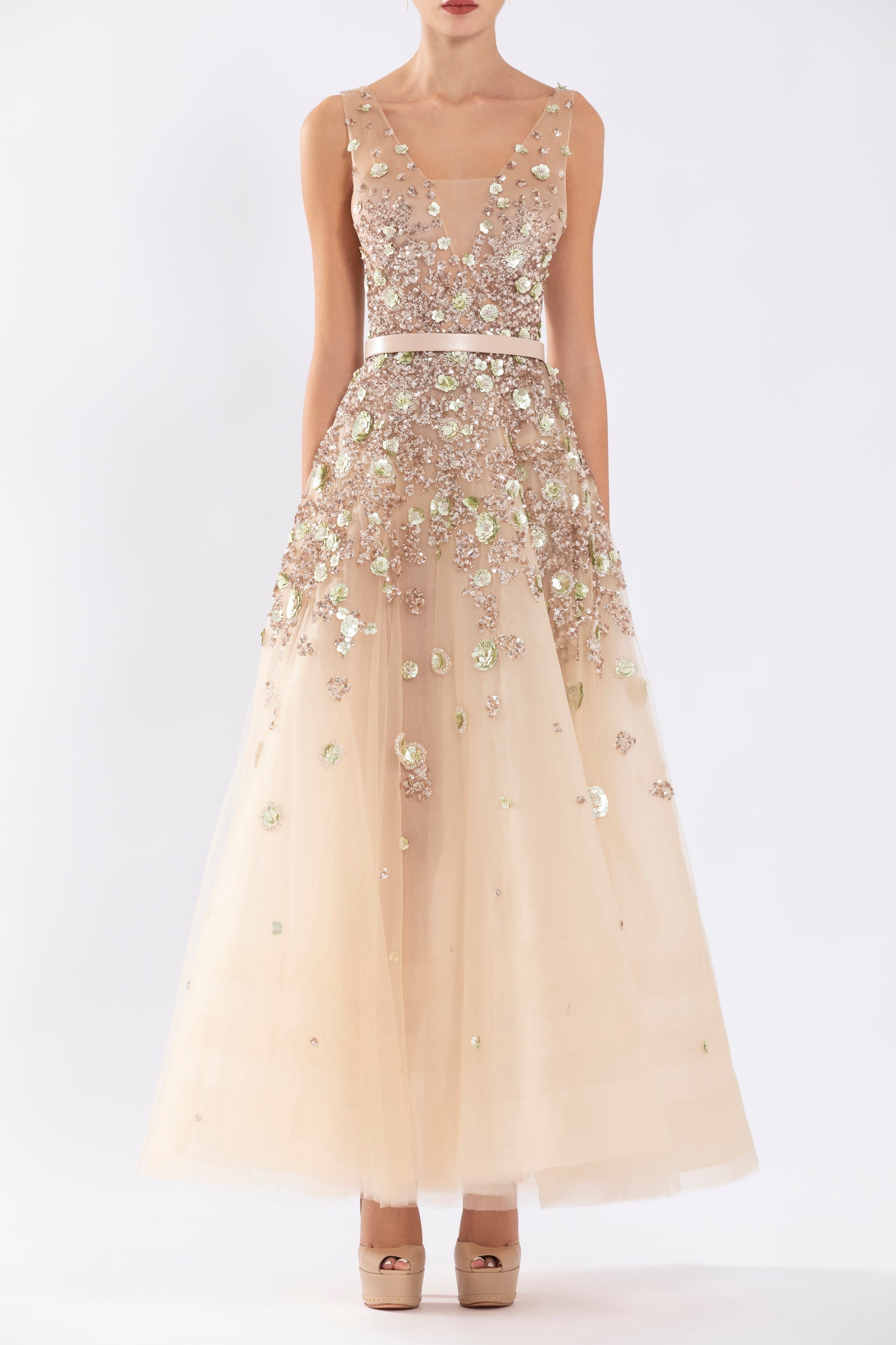 knee length dresses for ladies Tulle Ankle Length Dress With Dotted Beading – Saiid Kobeisy Online
