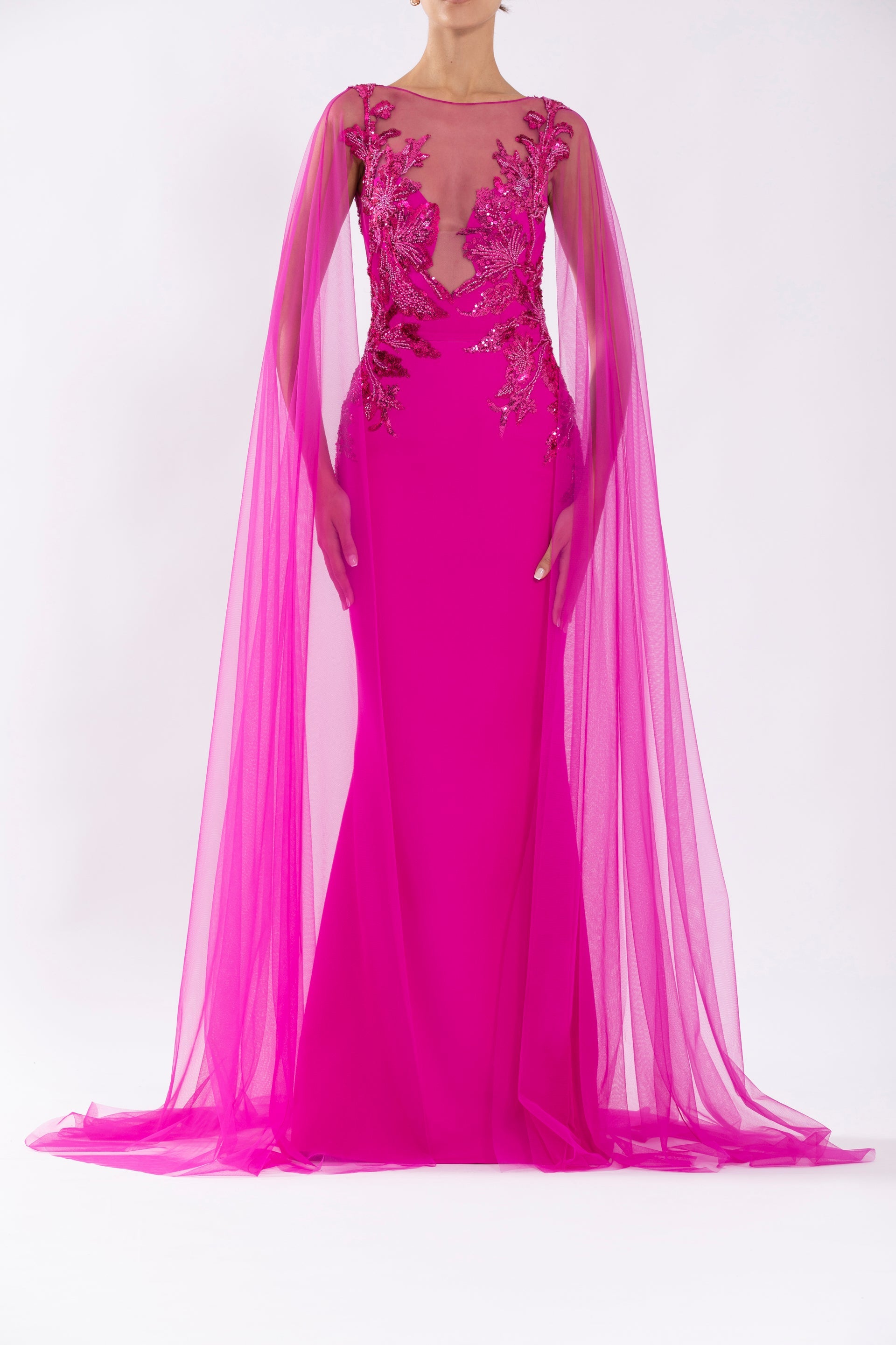 オールインワン・サロペット Saiid Kobeisy Crepe Mermaid Dress With Beading And Tulle Crepe mermaid dress with beading and tulle long sleeves