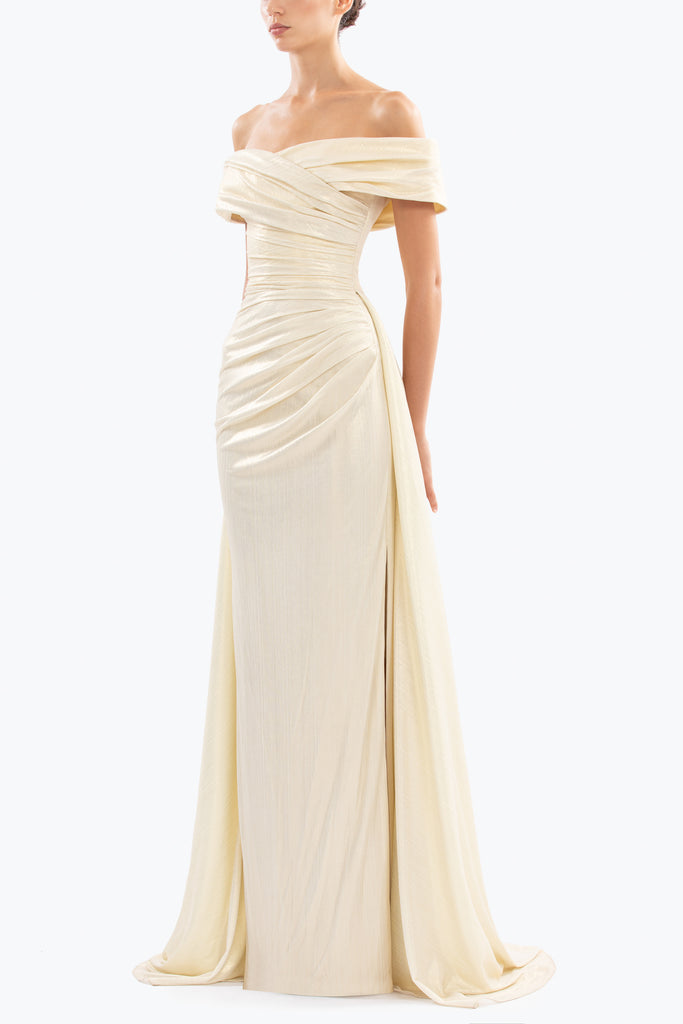 Gold Lame Off-Shoulder Dress – Saiid Kobeisy